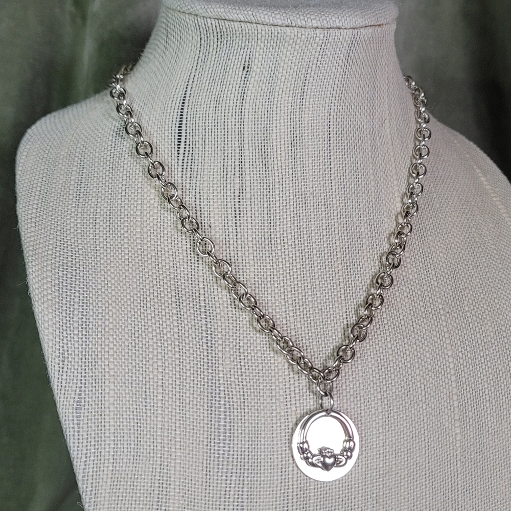 Silver Irish Scottish Claddagh Pendant Chunky Chain Necklace - Gifts For Her